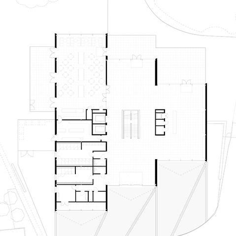 Ground floor plan showing three connected buildings.