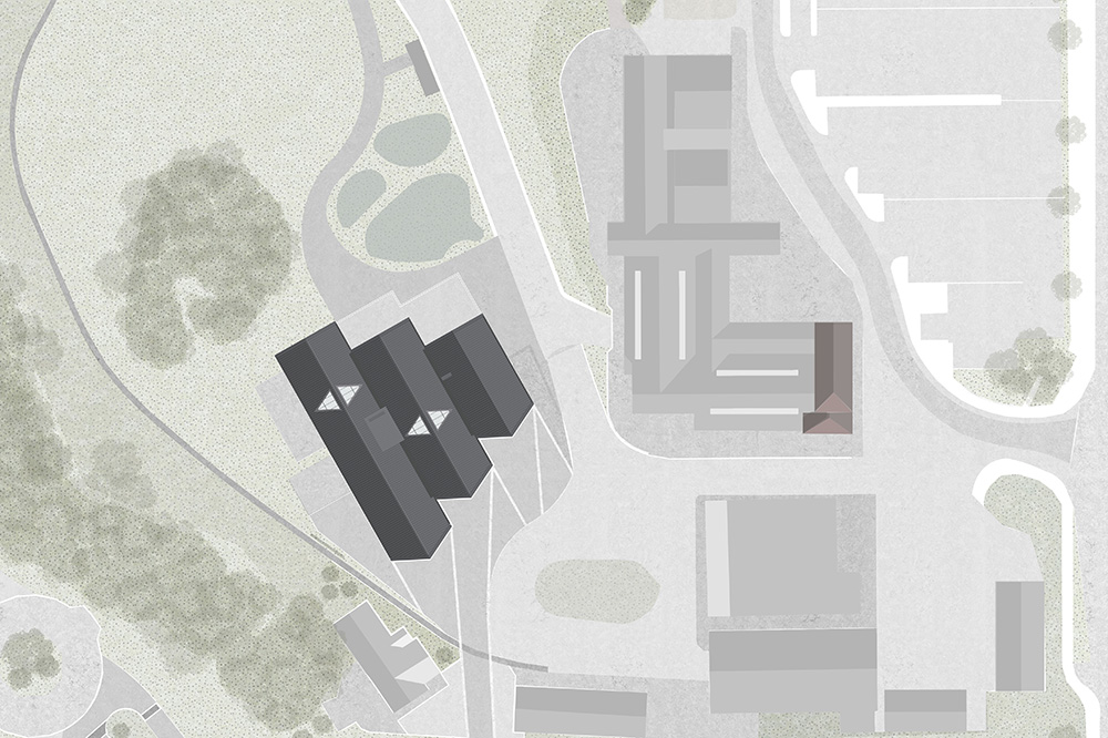 Site plan of the Black Country Living Museum showing the three connected volumes of the visitor centre.