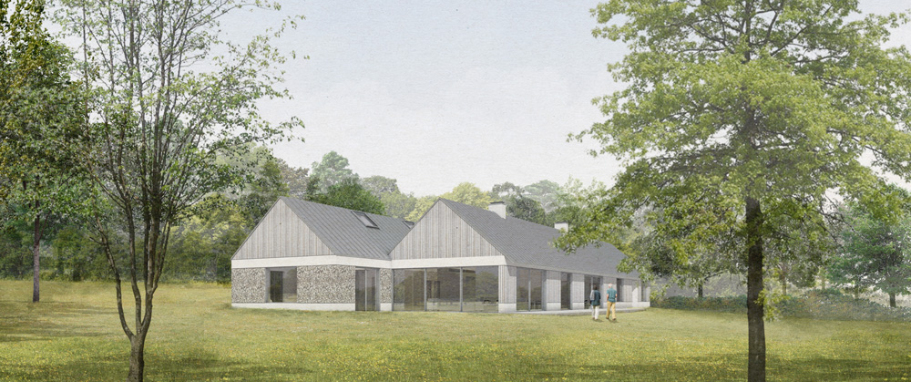 Proposed rendered view of the Plot 1 house at Moorewood Glade, showing two joined volumes in a luscious garden.
