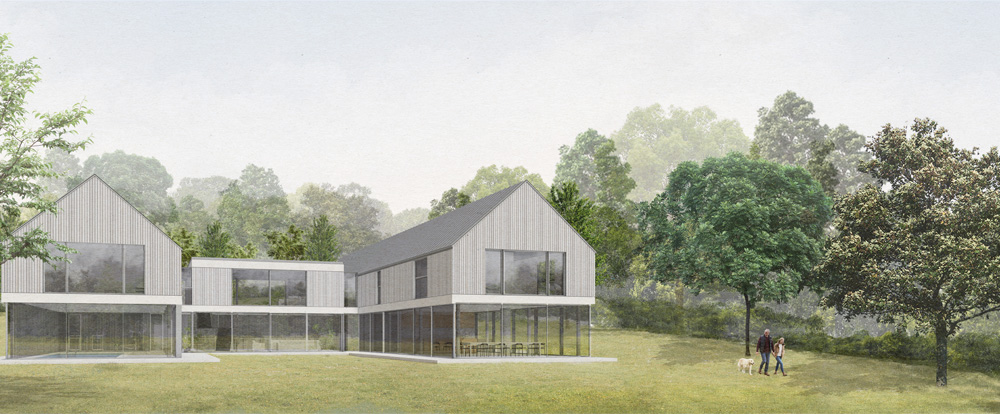 Proposed design of Plot 3 house at Moorewood Glade. This house has a U-shaped plan and a fully glazed ground floor.