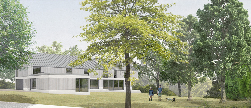 Proposed design of Plot 4 at Moorewood Glade. This house one main long volume that cantilevers over the garden.