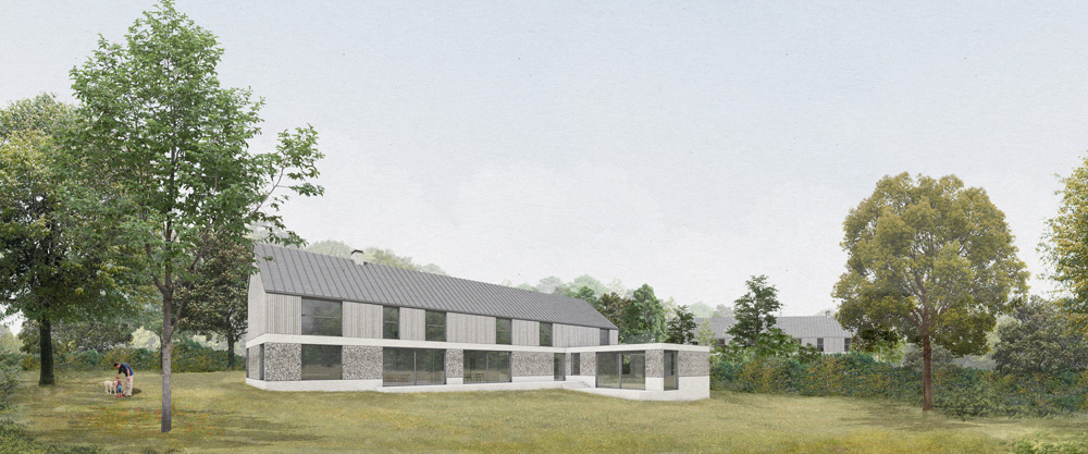Proposed design of Plot 5 at Moorewood Glade. This house is two storey with one main longhouse volume.