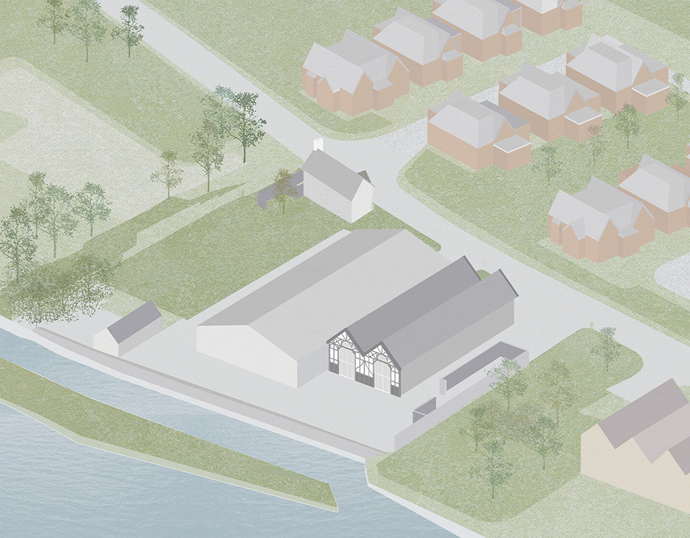 Axonometric drawing of the existing site showing the historic boathouse, industrial units and the Victorian lodge along the roadside of the river site at Taplow.