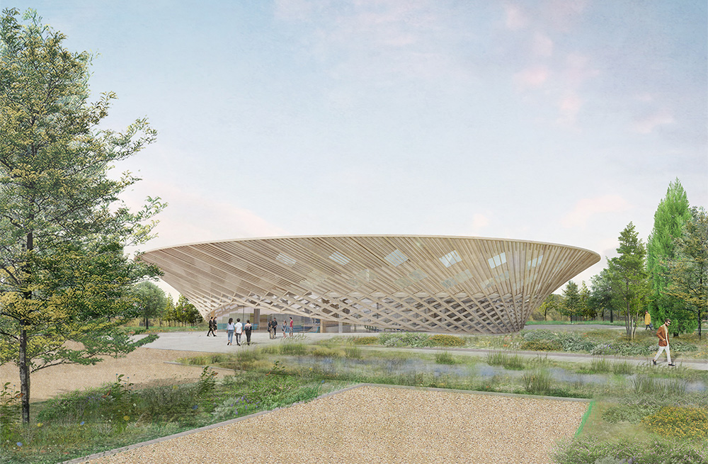 Napier Clarke's hybrid timber and steel circular innovation centre competition design for Johnson Matthey at Sonning Common, Oxfordshire.